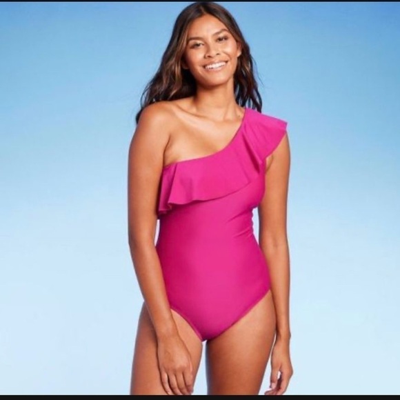 Kona Sol Other - Kona Sol Pink Ruffle Shoulder One Piece Swimsuit Full Coverage Junior’s